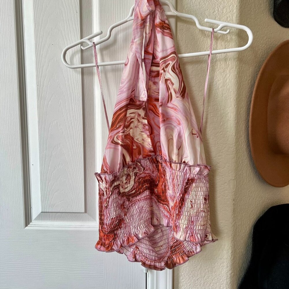 Pink Marble Halter Smocked Crop Top